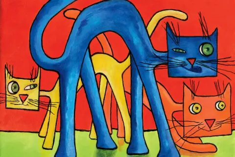 Gatti stilizzati in un vivace gioco di **colore contrasto blu** su sfondo rosso. Un blu intenso domina la scena, con tocchi di giallo e arancione.