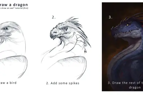 Tutorial per draghi disegni a matita facili: da un uccello a un drago con spine, fino al completamento.