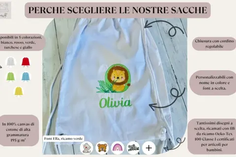 Sacchetto asilo personalizzabile con ricamo leone e nome "Olivia". Misure adatte ai bambini, disponibile in vari colori e disegni.