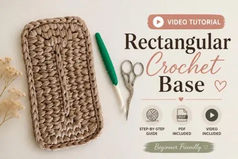 Fondo borsa uncinetto rettangolare beige, con uncinetto verde e forbicine. Tutorial per principianti.