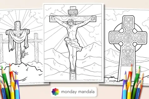 Disegno croce per bambini: tre pagine da colorare con croci, una con Gesù crocifisso, una con tre croci e una celtica.
