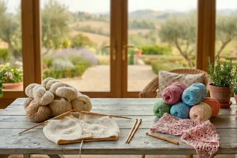 Schema maglia cotone donna ai ferri: gomitoli colorati e un lavoro a maglia su un tavolo di legno, con un giardino sullo sfondo.