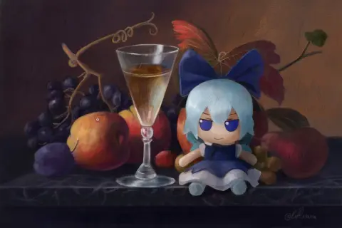 A still life painting of fruit, a glass of wine, and a plush toy with blue hair and a blue bow.