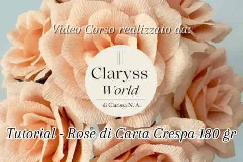 Un bouquet di rose 3d di carta crespa color pesca, con il titolo "Tutorial - Rose di Carta Crespa 180 gr".