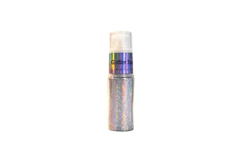Flacone spray pieno di brillantini argentati, perfetto per dare un tocco scintillante a ogni occasione.