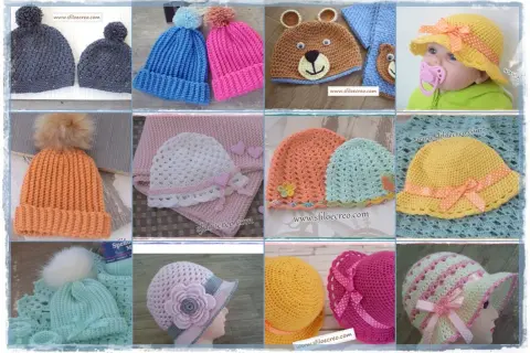 Varietà di cappellini neonato uncinetto: con pompon, a forma di orsetto, con fiocchi e decorazioni floreali.