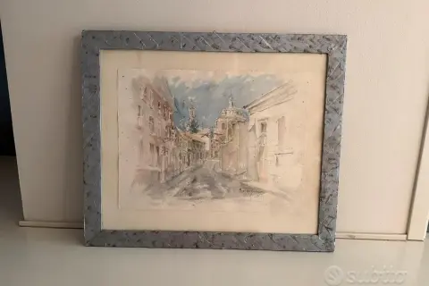 Disegni con acquerelli di una strada cittadina con edifici storici e una chiesa.