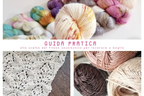 Gomitoli colorati e un campione di maglia traforata. Guida pratica alla scelta della lana per cappelli e altri progetti.