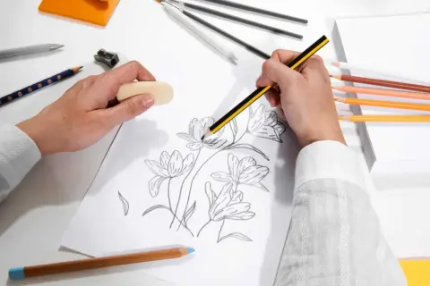 Mani che creano un disegno artistico facile di fiori con matite colorate e gomma.