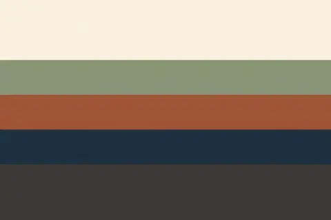 Cinque strisce orizzontali: bianco sporco, verde salvia, arancione antico, blu navy e grigio antracite.