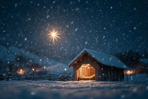 Capanna innevata illuminata, con la stella cometa che brilla nel cielo notturno. Un magico **effetto neve presepe**.