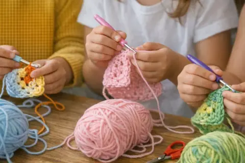 Bambini creano colorati acchiappasogni uncinetto con gomitoli e uncinetti.