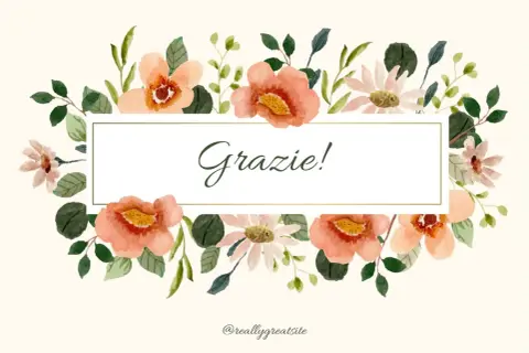 Un biglietto con fiori acquerellati e la scritta "Grazie!" al centro.