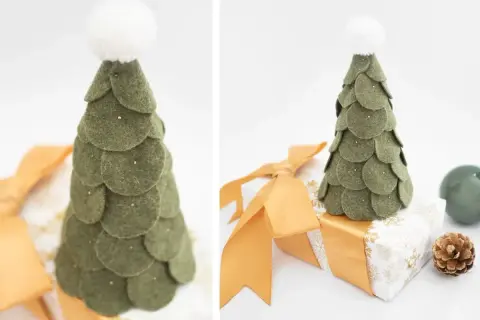 Albero di Natale fatto a mano con cono polistirolo e feltro verde, decorato con pallina bianca e glitter. Perfetto per un tocco festivo.