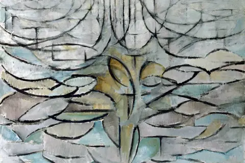 Un albero stilizzato in un'opera d'arte astratta, con linee curve e forme geometriche che evocano la natura.
