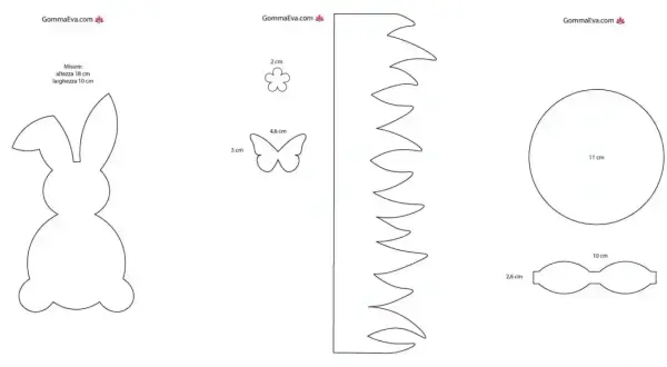 Sagoma coniglio alta 18 cm, con farfalla, fiore, cerchio e fiocco. Ideale per lavoretti creativi.