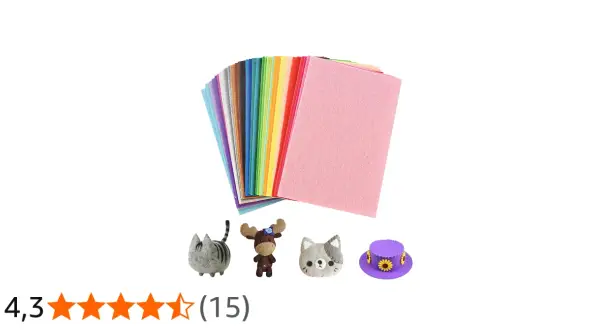 Fogli di feltro colorati, perfetti per creare simpatici pupazzi come gatti, renne e cappelli.