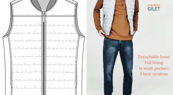 Disegno tecnico e foto di un gilet uomo ai ferri, con dettagli su cappuccio staccabile e tasche. Schemi gratis disponibili per questo capo.