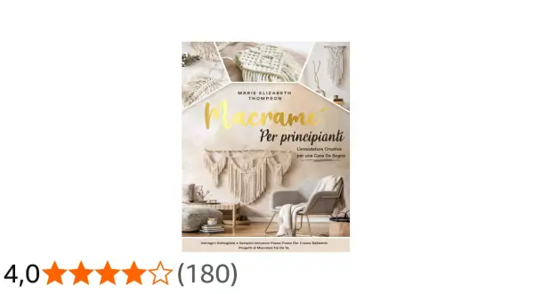 Copertina libro "Macramè per principianti" con immagini di creazioni e istruzioni per iniziare.