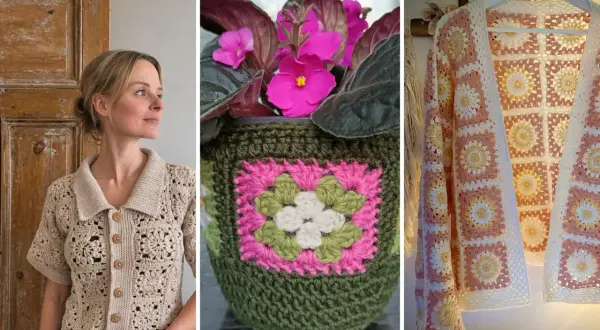 Un maglione beige all'unchetto, un vaso verde con fiori rosa e un cardigan rosa e bianco, tutti con motivi granny.