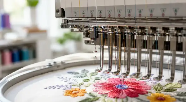 Macchina da ricamo crea un fiore vibrante su tessuto bianco, utilizzando fili colorati per un effetto di cotone pregiato.