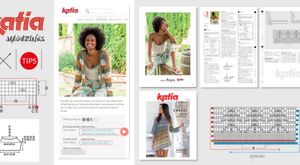 Katia magazine pages showing knitting patterns, yarn, and garment designs.
