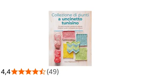 Copertina libro "Collezione di punti a uncinetto tunisino" con campioni colorati e gomitoli. Perfetto per chi ama i modelli tunisini.