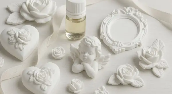 Gessetti per bomboniere: cuori, rose, angioletto e cornice in gesso bianco, con boccetta di profumo.