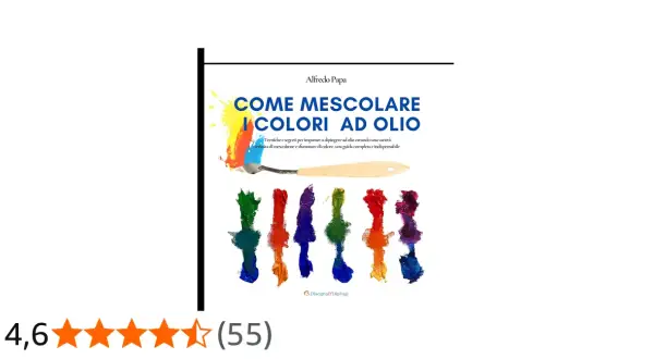 Copertina libro "Come mescolare i colori ad olio". Mostra spatola con colori vivaci e campioni di pittura ad olio, spiegando pastelli a olio come si usano.