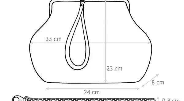 Cartamodello borsa pasticcino con misure: larghezza 20 cm, altezza 33 cm, profondità 8 cm. Include tracolla a catena lunga 125 cm.