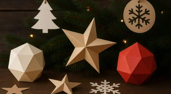 Decorazioni natalizie fai-da-te: una stella, un rombo e un fiocco di neve in carta crespa rossa e beige, appesi a un ramo d'abete.