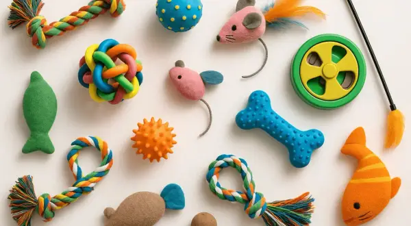Giochi colorati per gatti: topi, ossa, palline e corde. Perfetti per imparare come fare i pon pon con creatività.