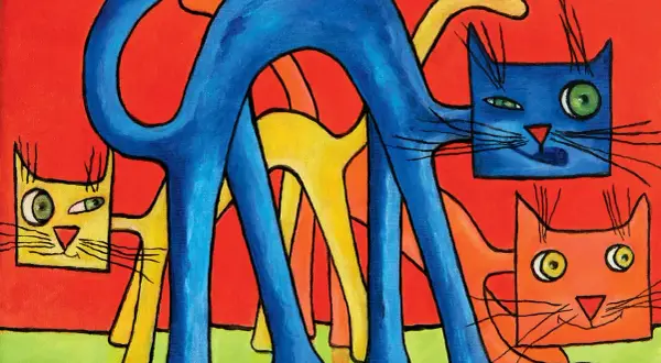 Gatti stilizzati in un vivace gioco di **colore contrasto blu** su sfondo rosso. Un blu intenso domina la scena, con tocchi di giallo e arancione.