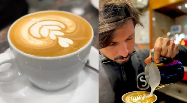 Un barista crea un nodo cappuccino con latte art, un'opera d'arte cremosa e deliziosa.