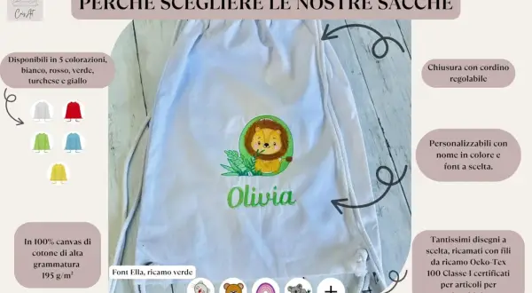 Sacchetto asilo personalizzabile con ricamo leone e nome "Olivia". Misure adatte ai bambini, disponibile in vari colori e disegni.