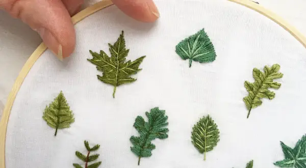 Mani che tengono un telaio da ricamo, con diverse piccole foglie ricamate su tessuto bianco. Un'arte delicata per ricamare foglie piccole.