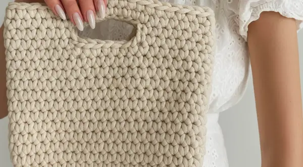 Borsa bauletto uncinetto color crema, tenuta da una mano con unghie curate. Perfetta per un look estivo.