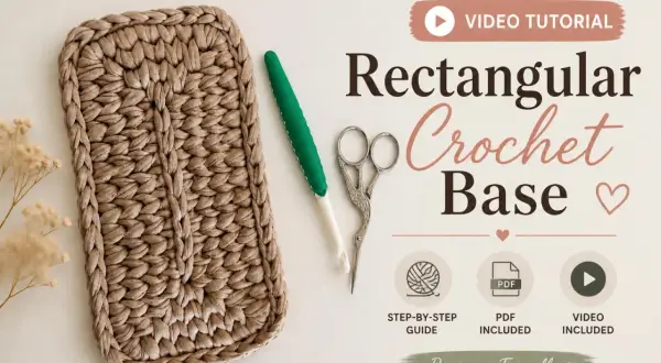 Fondo borsa uncinetto rettangolare beige, con uncinetto verde e forbicine. Tutorial per principianti.