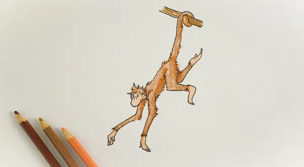 A simple drawing of a monkey hanging from a branch, with colored pencils in the corner.