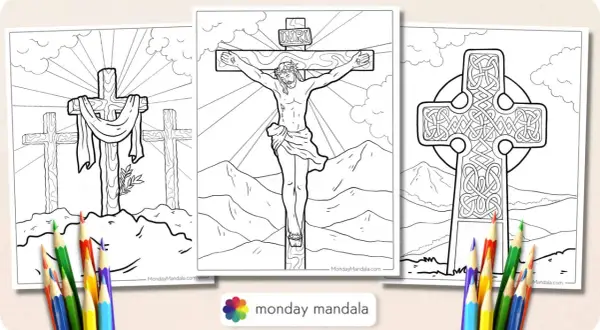 Disegno croce per bambini: tre pagine da colorare con croci, una con Gesù crocifisso, una con tre croci e una celtica.