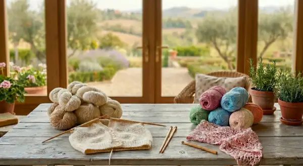 Schema maglia cotone donna ai ferri: gomitoli colorati e un lavoro a maglia su un tavolo di legno, con un giardino sullo sfondo.