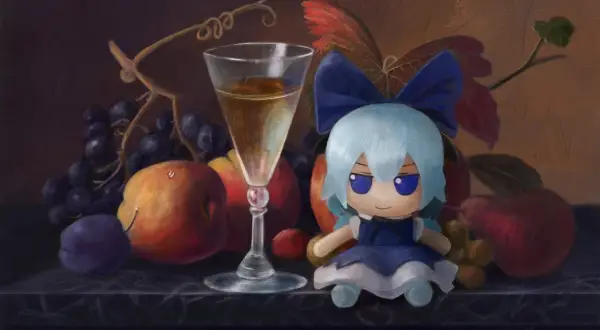 A still life painting of fruit, a glass of wine, and a plush toy with blue hair and a blue bow.