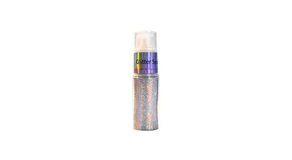 Flacone spray pieno di brillantini argentati, perfetto per dare un tocco scintillante a ogni occasione.