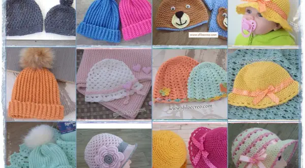Varietà di cappellini neonato uncinetto: con pompon, a forma di orsetto, con fiocchi e decorazioni floreali.