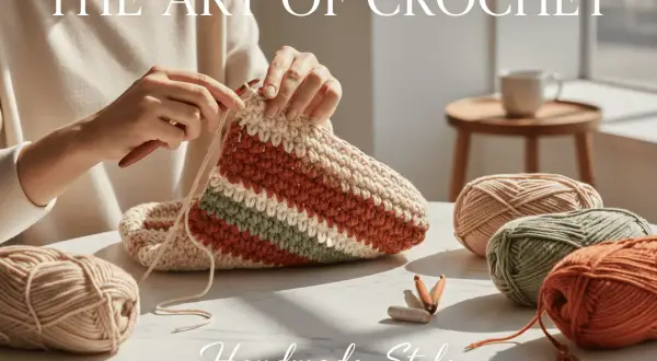 Mani che creano borse all'uncinetto estive con filati colorati. Un'arte fatta a mano.