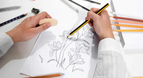 Mani che creano un disegno artistico facile di fiori con matite colorate e gomma.
