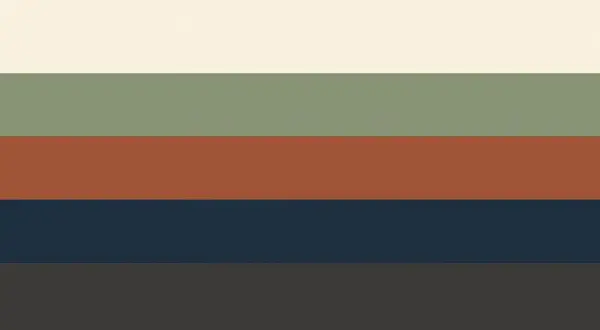 Cinque strisce orizzontali: bianco sporco, verde salvia, arancione antico, blu navy e grigio antracite.