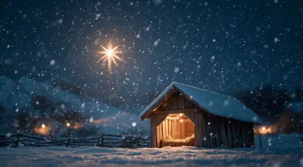Capanna innevata illuminata, con la stella cometa che brilla nel cielo notturno. Un magico **effetto neve presepe**.