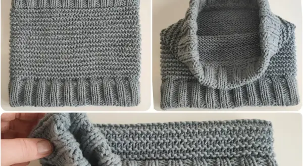 Dettagli di un scaldacollo uncinetto grigio, con coste e punto a maglia. Misure e texture visibili.