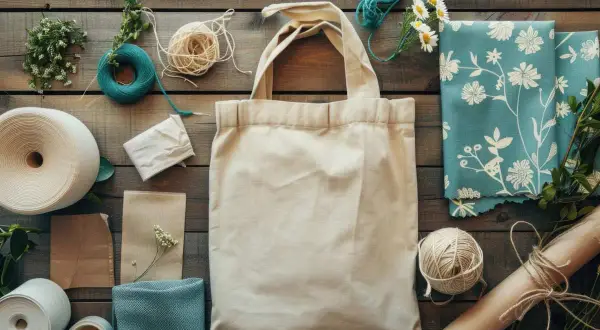 Borsa su rete canvas con fettuccia, fili, tessuti e fiori.